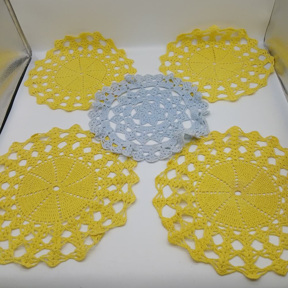 Vintage Handmade Crocheted  Doily Kitchen Round Yellow and Blue Doilies Set of 5